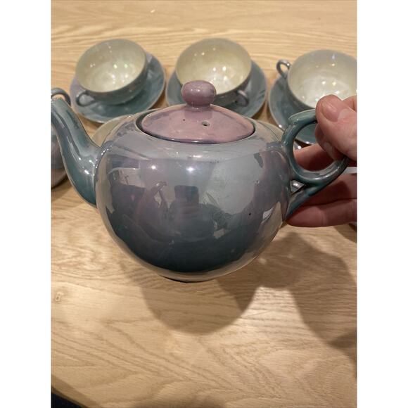 Lusterware Tea Set For 5 - Teapot, Sugar, Creamer, Cups & Saucers Japan Aqua - Picture 2 of 16